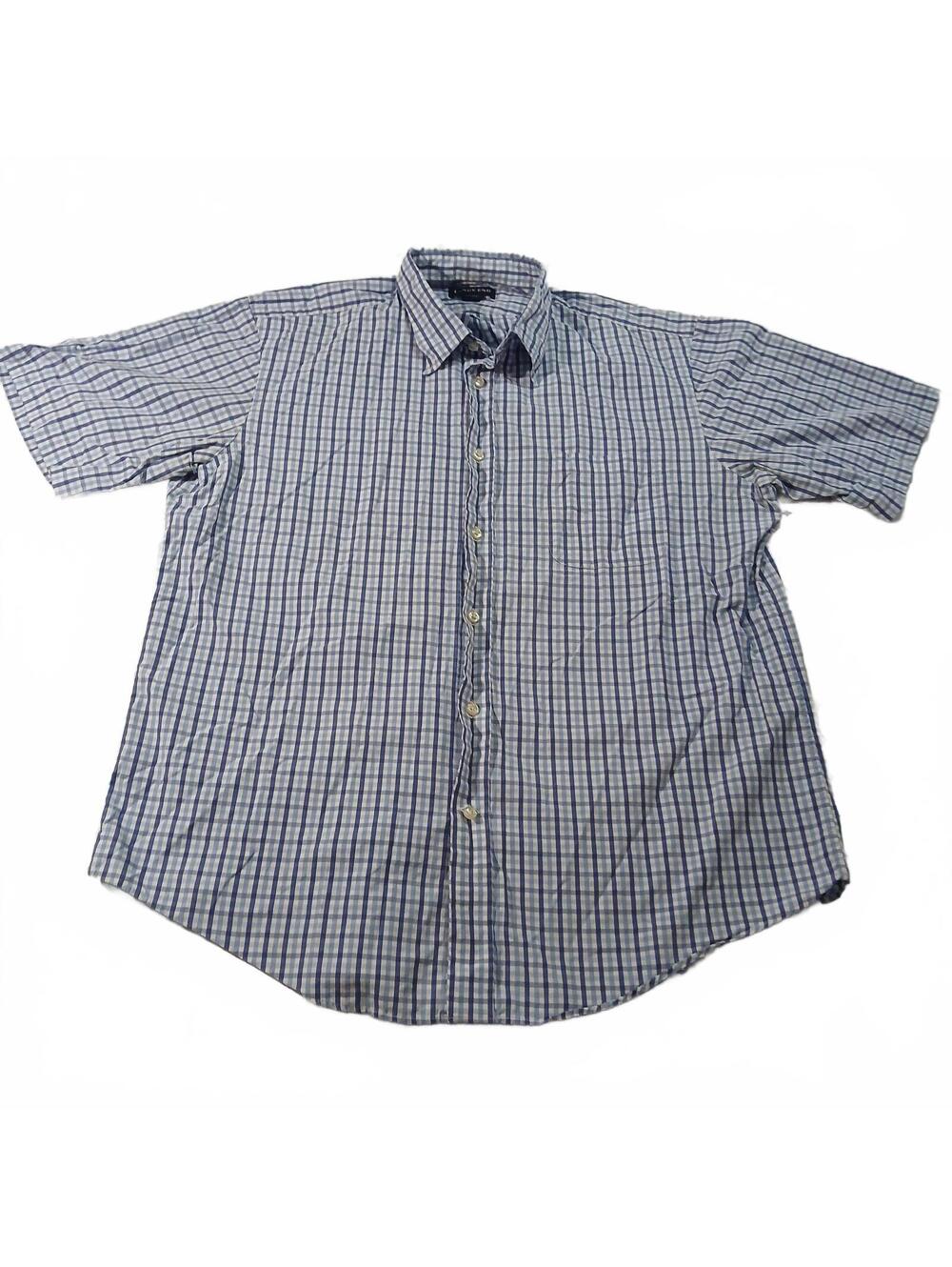 Lands' End Classic Plaid Button Up Shirt Blue White Short Sleeve Cotton L Large